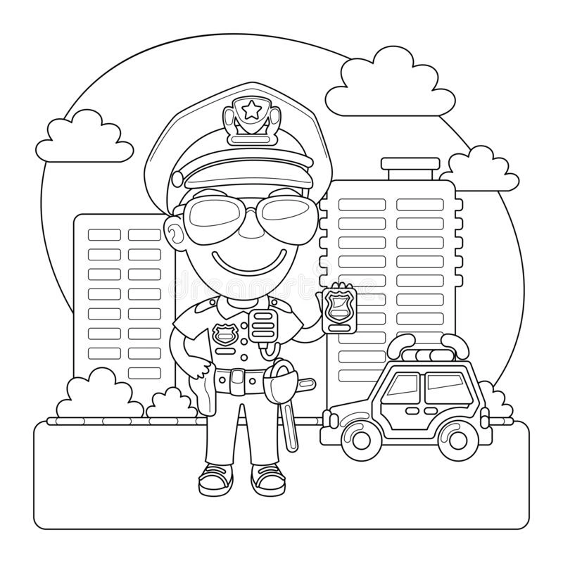 Coloring page policeman shows his badge